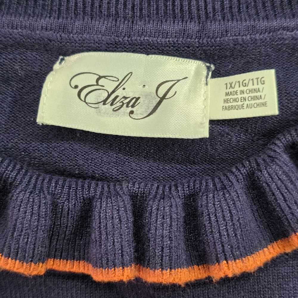 Eliza J Sweater Dress Ruffle Mock Neck Striped Knit Long Sleeve 1X‎ Navy Orange - Picture 4 of 8